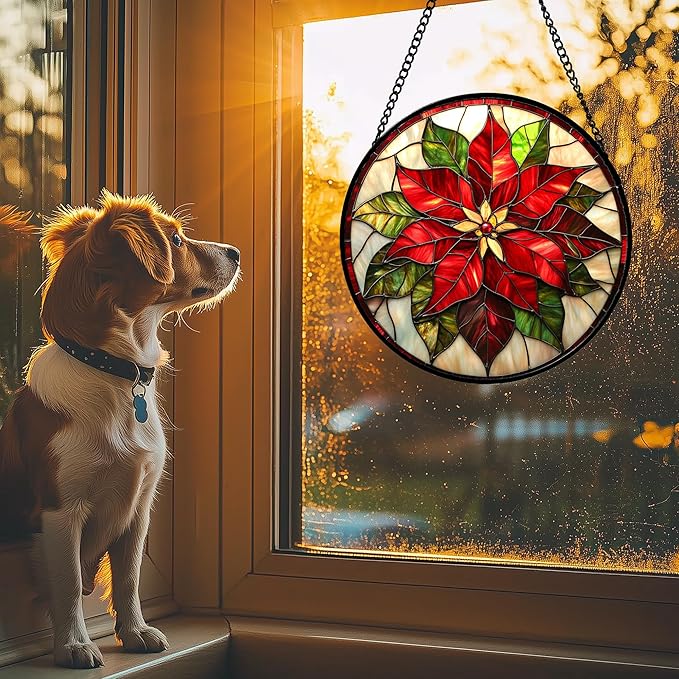 Stained Glass Window Hanging - Red Poinsettia Birth Flowers Suncatcher for Door Garden Yard Sun Catchers Decor Christmas Mother's Day Birthday Gifts for Women Mom Nana Teacher Friend 11.8 in