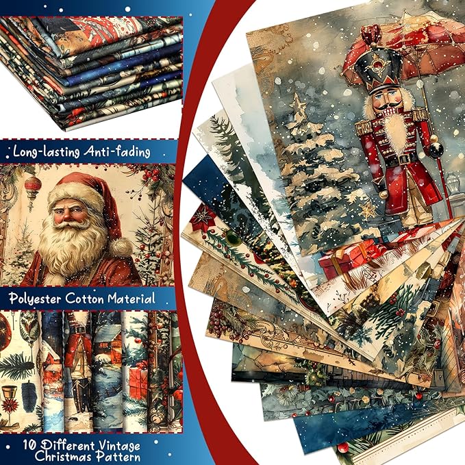 Hahafelt 10 Pcs Vintage Winter Quilting Fabrics by The Yard 20 x 20 Inch Square Nutcracker Santa Claus Square Quarter Fat Rustic Reindeer Fabrics Sewing Precut Patchwork for DIY Craft Party Decor