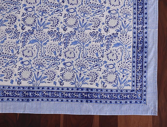 ATOSII Indigo Bloom 100% Cotton Rectangle Fall Tablecloth, Handblock Floral Linen Table Cloth for Dining Table I Parties Christmas Thanksgiving Grand Millennial Home Decor 72 X 108 Inches I 8 Seater
