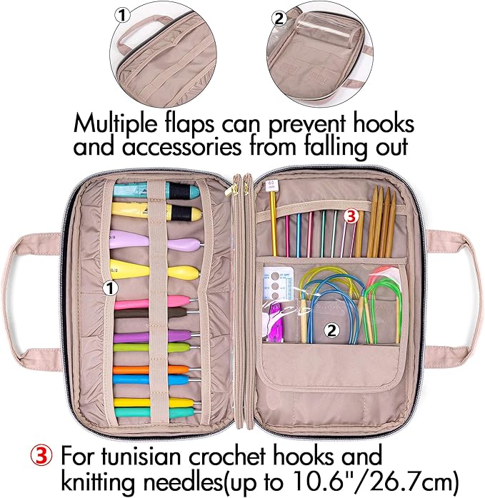 Yarwo Knitting Needles Case (up to 10.6"), Crochet Hooks Organizer with Double Handle for Circular Knitting Needles and Accessories, Dusty Rose (Bag Only)