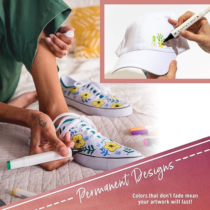 Crafts 4 All Fabric Markers for Clothes - Pack of 12 No Fade, Dual Tip Permanent Fabric Pens - No Bleed, Machine Washable Shoe Markers for Fabric Decorating - Laundry Marker, Erases Stains Easily