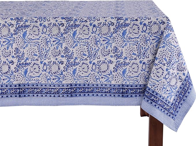 ATOSII Indigo Bloom 100% Cotton Rectangle Fall Tablecloth, Handblock Floral Linen Table Cloth for Dining Table I Parties Christmas Thanksgiving Grand Millennial Home Decor 72 X 108 Inches I 8 Seater