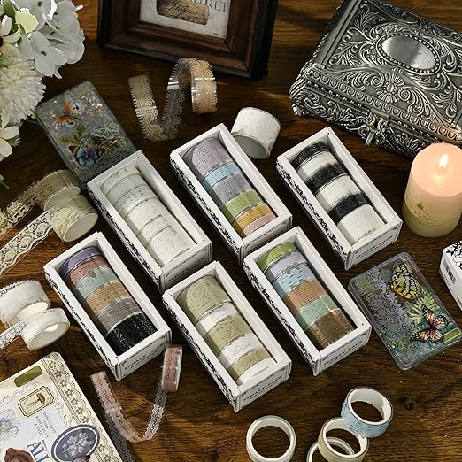 6 Rolls Lace Patterns PET Tapes Floral Arts Decorative Tape Set Adhesive Transparent Masking Tapes for DIY Craft, Kids, Scrapbook, DIY, Gift Wrapping, Journal (Lustrous Glass)