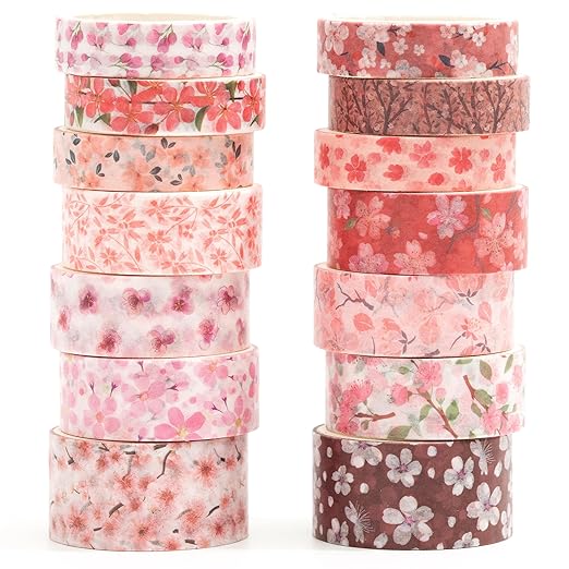 14 Rolls Sakura Washi Tape Set Flowers Arts Adhesive Tapes Cherry Blossom Decorative Masking Tape Sets for Craft, Kids, Scrapbook, DIY, Gift Wrapping (Blush Petals)