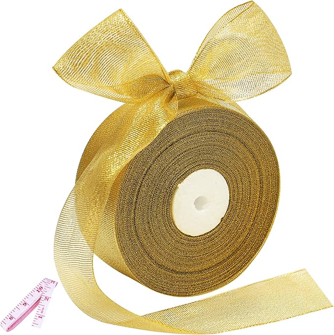 50 Yards Gold Glitter Ribbon 2 Inch, Sparkly Width Solid Fabric Ribbon for Gift Wrapping, Crafts, Holiday Wedding Birthday Party Decoration Flower Bouquet, 2 Inch Metallic Gold Ribbon Roll