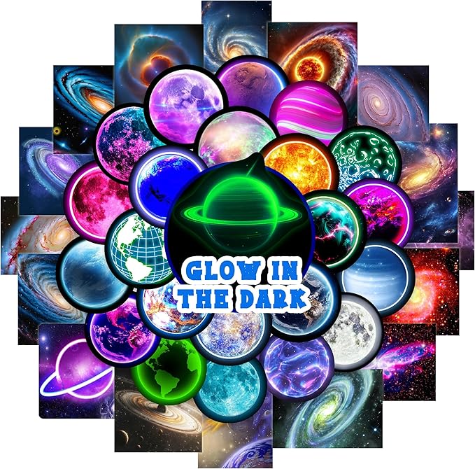 Glow in The Dark Neon Planets Water Bottle Stickers for Kids, 70 PCS Vinyl Space Waterproof Decals for Laptop Phone Case, Solar System Decor for Adults Kids Girls Boys