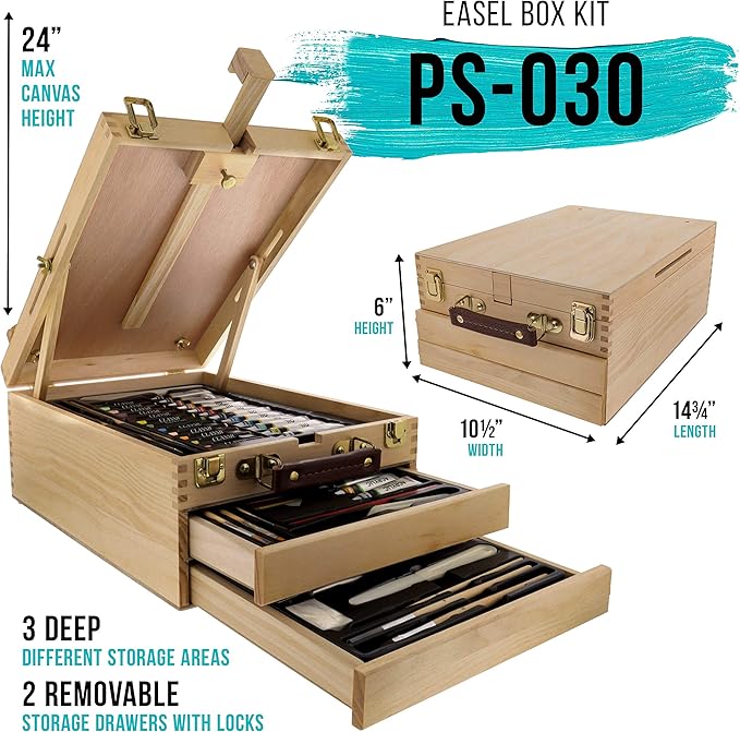 U.S. Art Supply 95 Piece Wood Box Easel Painting Set - Oil, Acrylic, Watercolor Paint Colors and Painting Brushes, Oil Artist Pastels, Pencils - Watercolor, Sketch Paper Pads - Canvas, Palette, Knifes