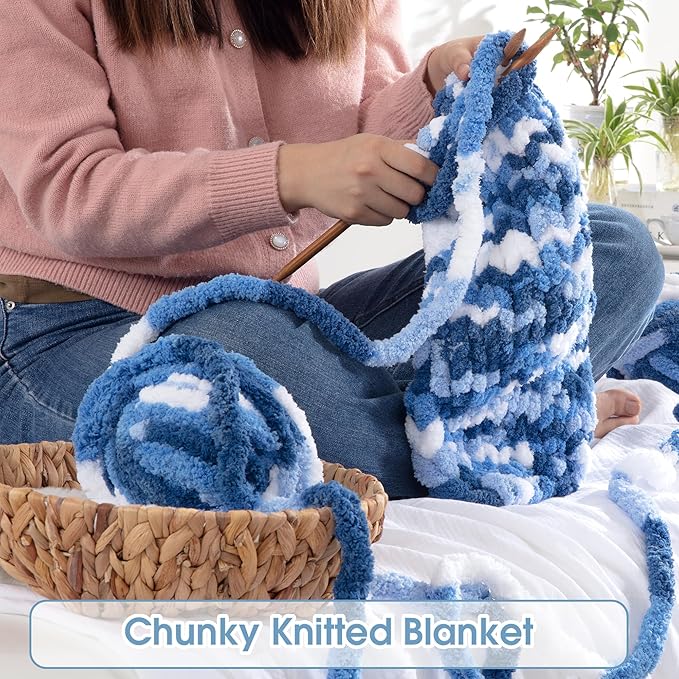 Hombys 8 Pack Giant Chunky Yarn for Crocheting/Hand Knitting, Super Bulky Soft Fluffy Tie Dye Plush Fuzzy Mixed Color Thick Chenille Yarn (Blue, Light Blue, White)