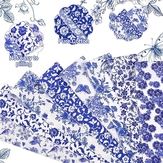 40 Pcs Chinoiserie Cotton Jelly Fabric Strips Blue and White Porcelain Patchwork Strips Roll for Quilting Crafting Blue White Floral Bird Precut Patchwork for Sewing DIY Crafts
