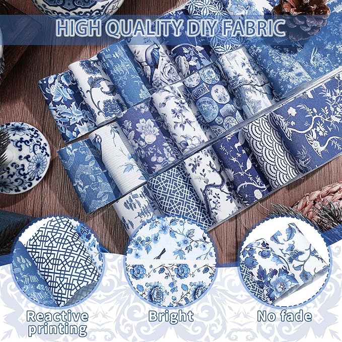 40 Pcs Blue and White Floral Christmas Quilting Fabric Roll 2.56 Inch Precut Fabric Squares Jelly Patchwork Chinoiserie Strips Materials for Winter Xmas Holiday Craft Sewing Panels DIY