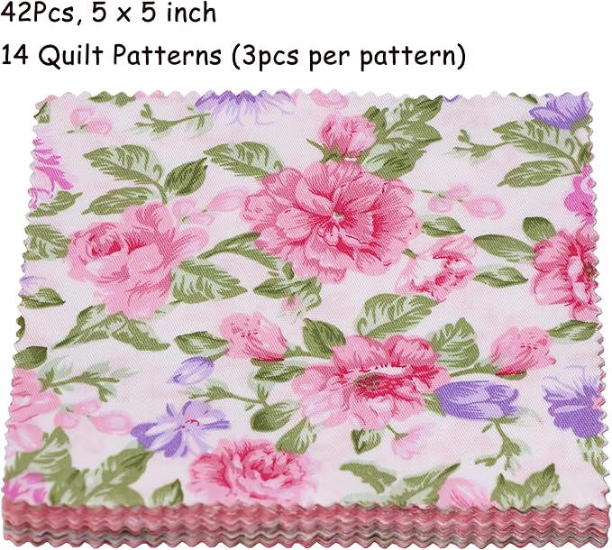 Pink Charm Packs for Quilting 5 inch - 5x5 Charm Squares Precut Quilting Fabric - 100% Cotton Fabric Squares for Sewing DIY Patchwork (42Pcs) ﻿