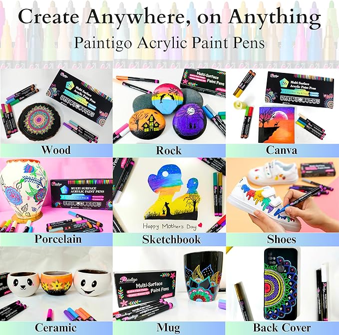 PAINTIGO Extra Fine Acrylic Markers – 26 Paint Pens for Rock Painting, Canvas, Wood, Glass, Ceramic, Fabric, DIY Crafts, Scrapbooking, Drawing, Detailing, Art Supplies