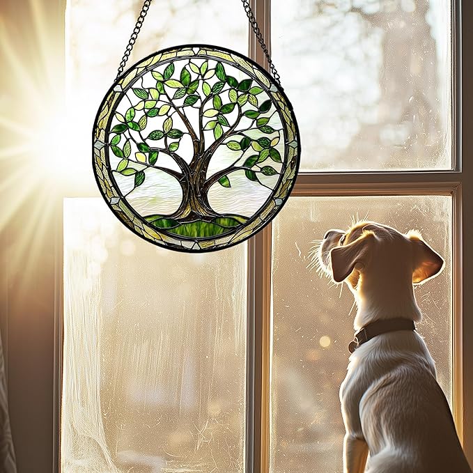 Stained Glass Window Hanging - Brown Tree Trunk Green Leaves Sun Catcher for Door Garden Home Decor Plant Suncatcher Christmas Mother's Day Birthday Gifts for Women Men Mom Nana 7.8 in