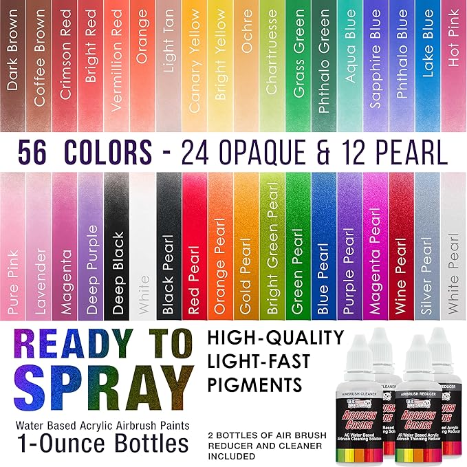 U.S. Art Supply 54 Color Ultimate Acrylic Airbrush, Leather & Shoe Paint Set with Cleaner, Thinner, 50-Plastic Mixing Cups, 50-Wooden Mix Sticks and a Color Mixing Wheel