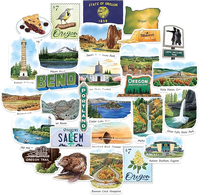 Navy Peony Outdoorsy Oregon State Travel Stickers (28pcs) - Portland, Nature, Outdoor, America-Themed Stickers for Scrapbooking, Journals
