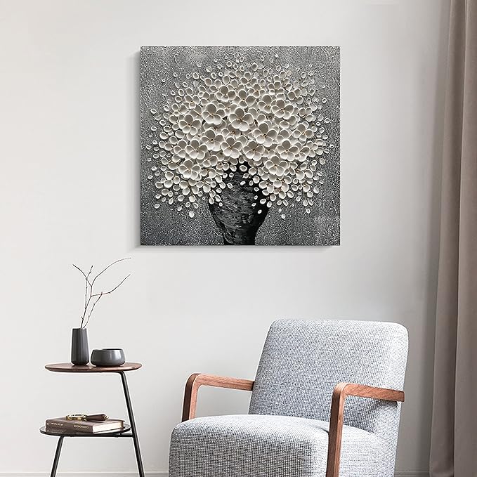 100% Hand-Painted White Flower Art Oil Painting, Modern Home Furnishing Canvas Painting Decoration, 3D Abstract Mural Painting,24x24 inch Frame Wall Art Hanging