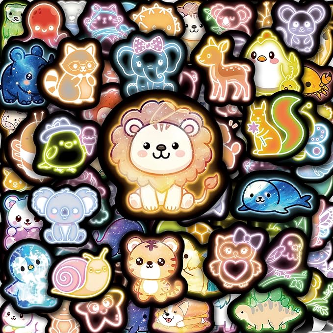 70 Pcs Cartoon Animal Water Bottle Stickers for Kids, Cute Neon Vinyl Laptop Decals, Teens Girls Boys Adults Phone Case Skateboard Luggage Decor