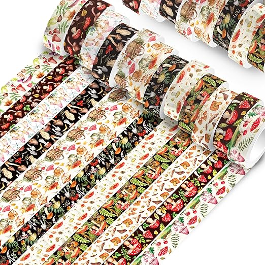 12 Pcs Mushroom Washi Tape White and Black Halloween Masking Tape Ghosts Pumpkins Bats Pattern Decorative Paper Sticker for Halloween Party Holiday Scrapbook DIY Craft Gift Wrapping Handbook Sticker