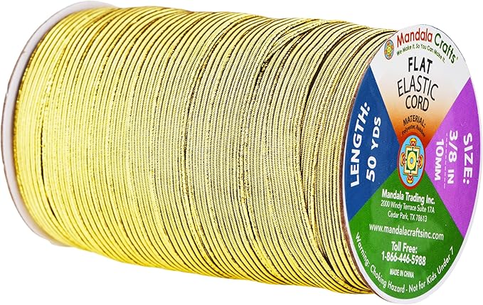 Mandala Crafts 10mm 50 Yds Roll of Metallic Gold Elastic Bands for Sewing - 3/8 Flat Elastics Cord - 3 8 Inch Braided Stretch Straps for Crafting