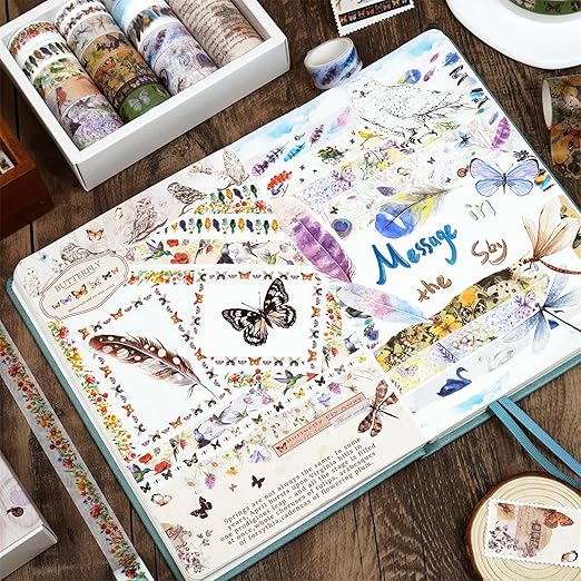 YUBBAEX Landscaping Washi Tape Pack 20 Rolls Insects Birds Printed Masking Tape Vintage Decorative for Arts, DIY Crafts, Journal Supplies, Planners, Scrapbook, Card/Gift Wrapping