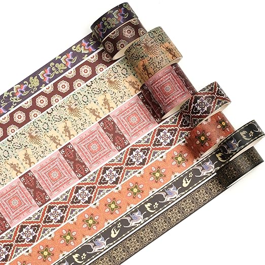 8 Rolls Retro Washi Tape Set Vintage Arts Adhesive Tapes Wide Painting Patterned Decorative Masking Tape Sets for Craft, Kids, Scrapbook, DIY, Gift Wrapping (Dunhuang)
