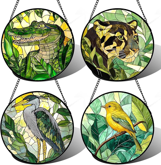 Stained Glass Window Hanging 4 Pcs Set Green Plants Animals Theme 9.8" - Bird Tiger Suncatcher Door Garden Sun Catcher Decor Birthday for Mom Woman Nana Men Friend