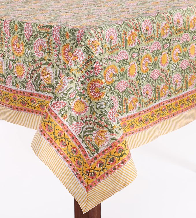 ATOSII Clover Green 100% Cotton Rectangle Fall Tablecloth, Handblock Floral Print Linen Table Cloth for Kitchen Dining I Parties, Weddings, Outdoors, Easter I Home Decor 60 X 60 Inches I 4 Seater