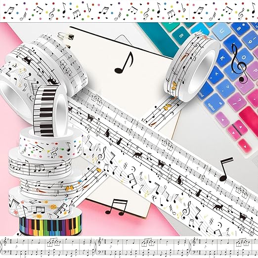 12Rolls Music Notes Washi Tape Black White Musical Note Printed Decorative Washi Tape for Birthday Party Music Themed Party Baby Shower for Scrapbook Journal Craft Supplies