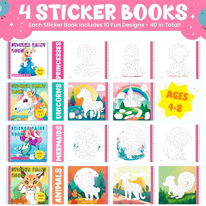 BulbaCraft 4Pcs Sticker Paint Books - Sticker Books by Number with Mermaids, Princesses, Animals and Unicorns - Coloring Activity