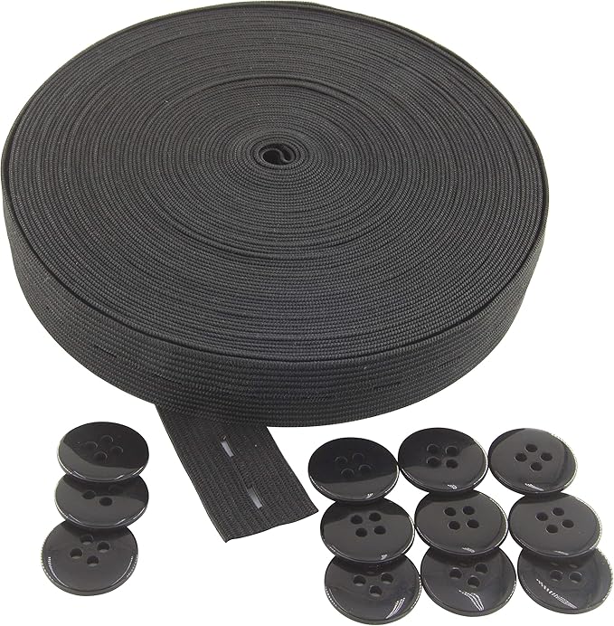 Flat Sewing Band Spool with Buttonholes, Elastic Stretchable, Ideal for DIY Waistbands and Necklines (Black, 3/4 inch × 12 Yards)