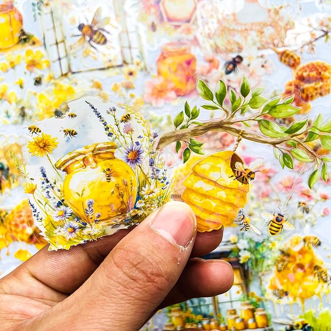 60-Piece Holographic Bee Insect Garden Girls Aesthetic Stickers – Clear Honeybee, Floral, Honeycomb Scrapbooking Stickers for Journaling, Resin Art, Laptops, Test Tube Vase Decoration