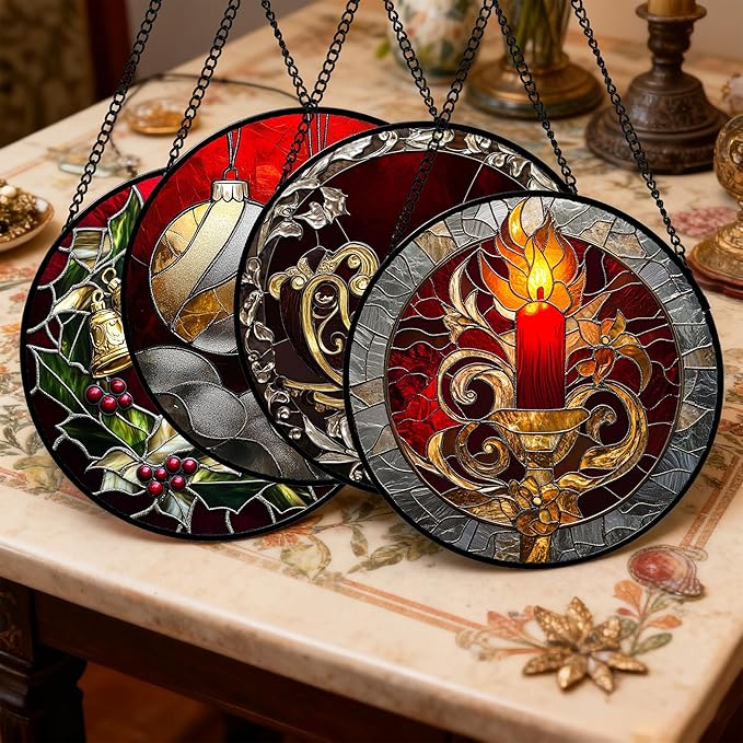 Stained Glass Window Hanging 4 Pcs Set Christmas Golden Bell Sleigh Large 11.8" - Suncatcher Door Garden Sun Catcher Decor Birthday Mother's Day Xmas Gifts for Mom Woman Nana Men Parents