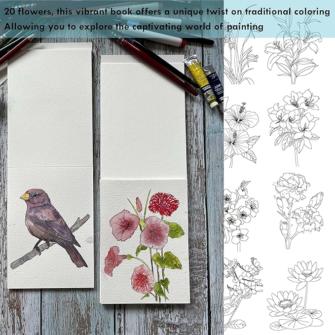tumuarta Watercolor Coloring Book, 20 Unique Floral Designs, 5x7”, 100% Cotton, 300GSM, 140 LB, 20 Sheets, Cold Press, Acid Free Watercolor Paper Sketchbook, Glue Bound Mixed Media Pad (Flowers)