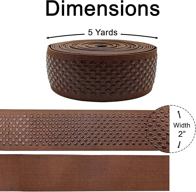 Mandala Crafts 2 Inch Elastic Silicone Gripper Tape for Clothing - 5 Yds Dotted Non Slip Elastic Band for Sewing - Brown Silicone Flat Fabric Stretchy Ribbon Straps