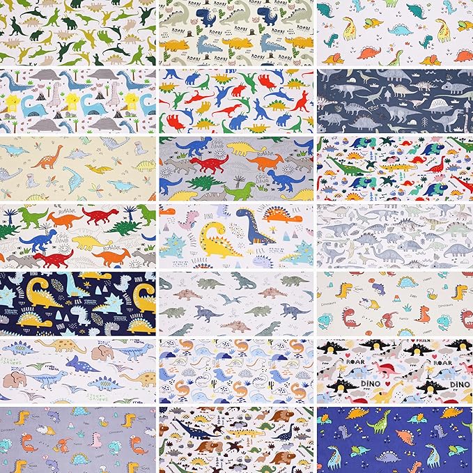 Hanjunzhao 21Pcs Cartoon Dinosaur Fat Quarters Fabric Bundles 18 x 22 Inch, Animal Print Cotton Quilting Fabric Squares for Quilting, Sewing, Blanket, Quilts, Home Decor, and Crafts, Dinosaurs