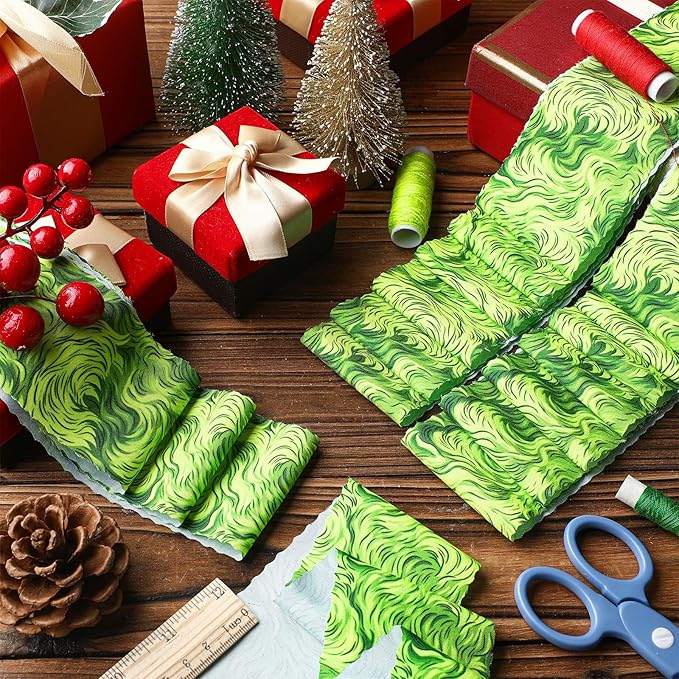 Ganeen 100 Pcs Christmas Lime Green Fur Quilting Fabric Roll 2. 56 Inch Fabric Squares Jelly Patchwork Precut Strips Bundles for Holiday Materials Craft DIY Sewing Cloths