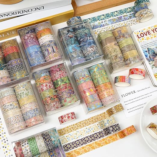 12 Rolls Charming Washi Tape Set Gold Silver Foil Detailing Arts Adhesive Tapes Basic Patterns Decorative Masking Tape Sets for Craft, Kids, Scrapbook, DIY, Gift Wrapping (Fruits Feast)