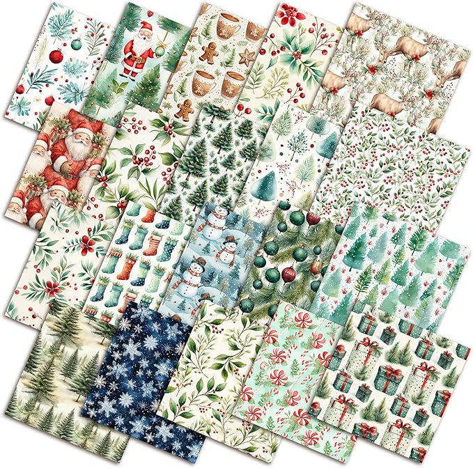 HunnmingRe 20 Pcs 10''x10'' Watercolor Christmas Quilting Fabric Square Santa Red Berry Reindeer Quiltted Fabric Bundle Multicolor Precuts Printed Patchwork Supplies for Xmas Holiday DIY Sewing Craft
