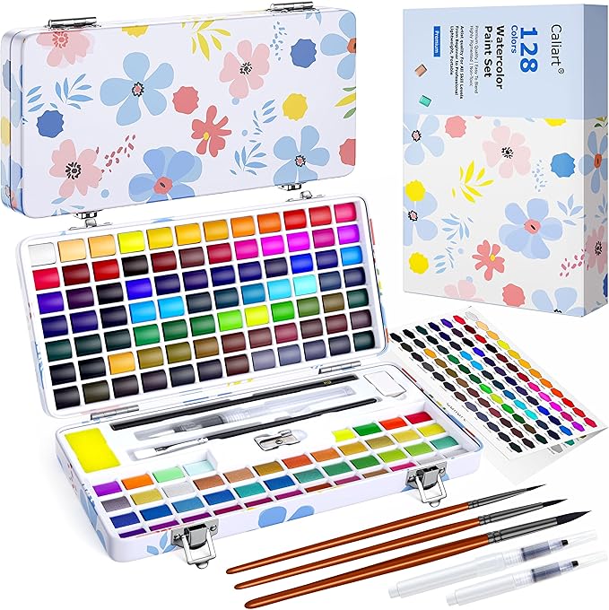 Caliart 128 Colors Watercolor Paint Set Portable, for Adults Artists Professional Beginners, Art Supplies Watercolor Painting Kit Sketch Coloring Drawing Birthday Gifts