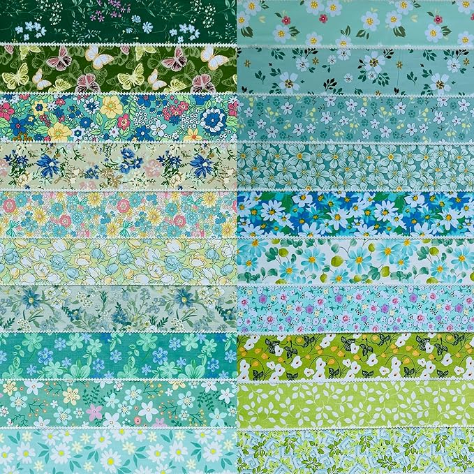 Jelly Roll Fabric 100% Cotton Quilting Fabric, 40 Pre-Cut Strips (2.5 x 44 Inch) for Quilting and Sewing - 20 Assorted Floral Prints- Green Mood
