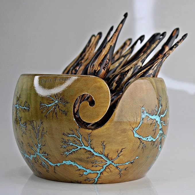 Wooden Yarn Bowl with Golden Design & 13-Piece Crochet Hook Set – Sizes 3.5mm to 12mm, Smooth Bamboo Crochet Hooks for Yarn, Ergonomic Knitting & Crochet Tools for Beginners & Experts