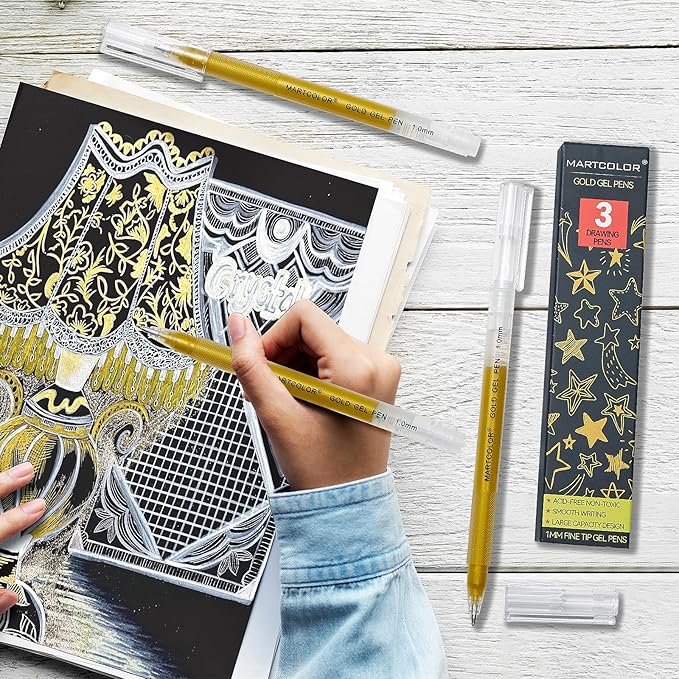Gold Gel Pens, 1mm Fine Point Gel Ink Pen Opaque Archival Ink Pens for Black Paper Drawing, Sketching, Illustration, Card Making, Bullet Journaling, 3 Pack