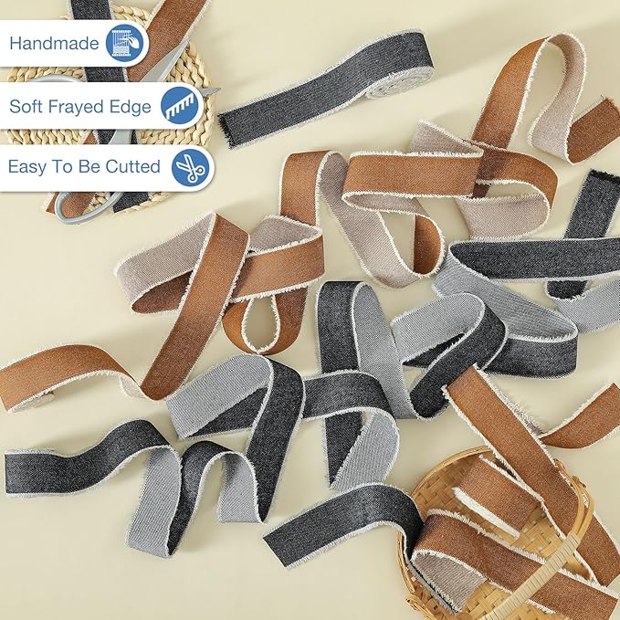 Pretty Jolly Brown Denim Ribbon for Crafts Handmade Rustic Frayed Cotton Jean Fabric Ribbon for Flower Bouquet 15 Yards 1 1/2 Inch Cloth Ribbons for Gift Wrapping Hair Sewing Accessories Holiday Decor
