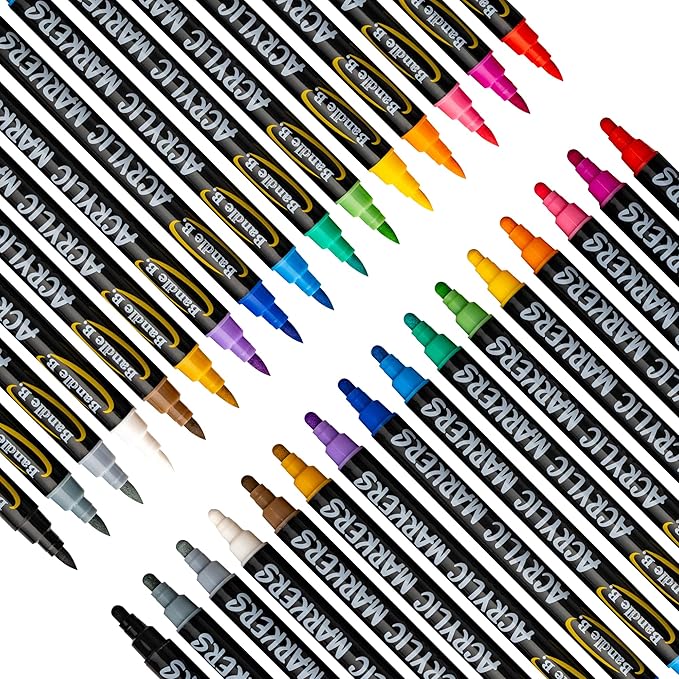 Bandle B. Acrylic Paint Markers – Set of 16 Dual Tip Paint Pens with Dot and Brush Tip for Art, Rock Painting, Coloring, Journaling, Wood, Glass, Canvas and DIY Crafts