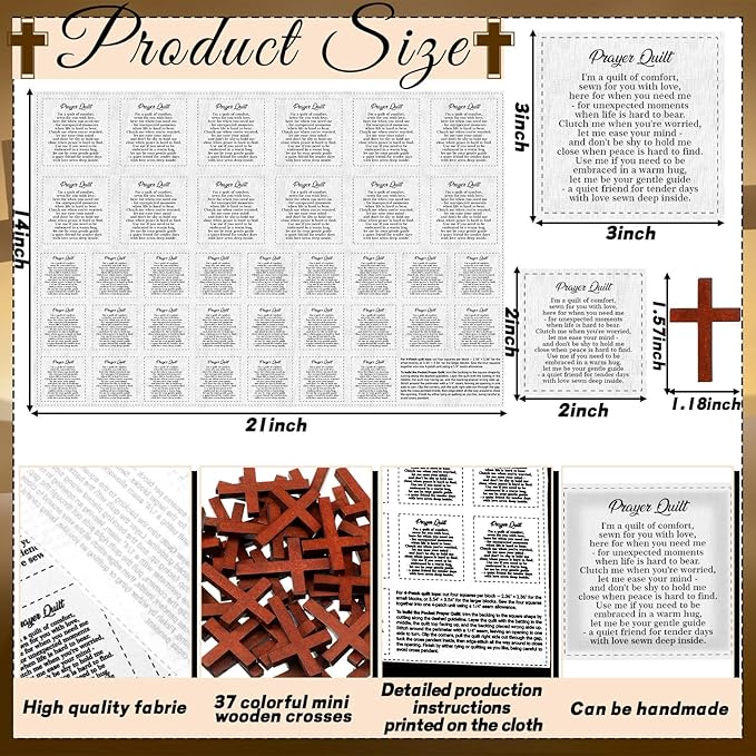 Pocket Prayer Quilt Panel Squares with Small Wooden Crosses Mini Scripture Pocket Prayer Quilt for Friend Family Religious Spiritual Gift Easter Reward Gift(Retro,Burlywood)