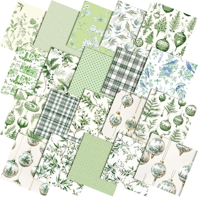 Oudain 60 Pcs 10 x 10 Inch Green Chinoiserie Quilting Fabric Squares Christmas Sage Greenery Fat Patchwork Precuts Pagoda Porcelain Plaid Fabric Bundles for Xmas DIY Craft Sewing Handmade Material