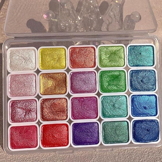 Gbbazu Metallic Watercolor Paints, Upgrade 20 Colors Watercolor Painting Set, Metallic Water Color Paint Set, Glitter Watercolour Solid Paint Box Palette for Adults Kids Beginners Artists (1ML A)