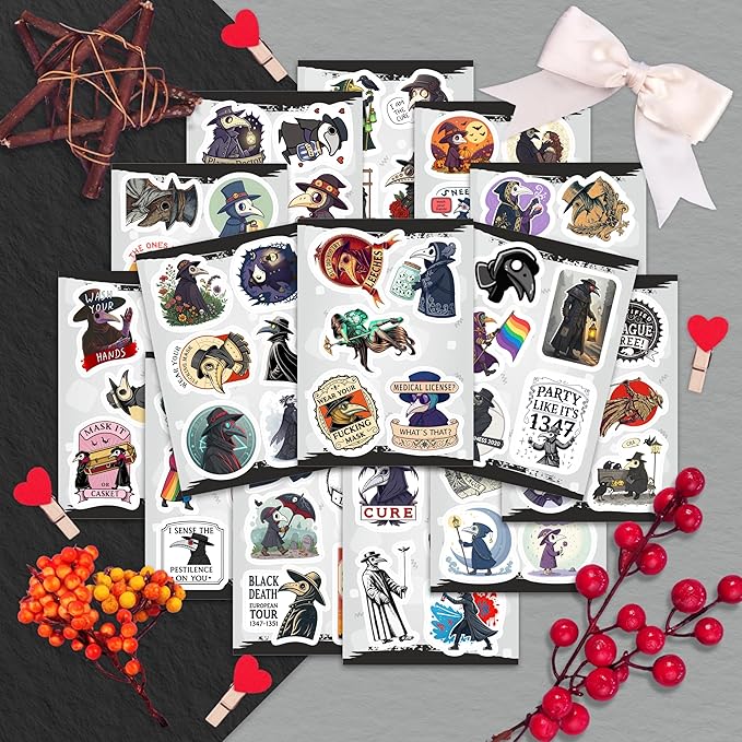 100Pcs Plague Doctor Stickers for Water Bottle, Laptop - Plaque Doctor Decoration & Party Supplies - Spooky Stickers - Gift for Women & Men