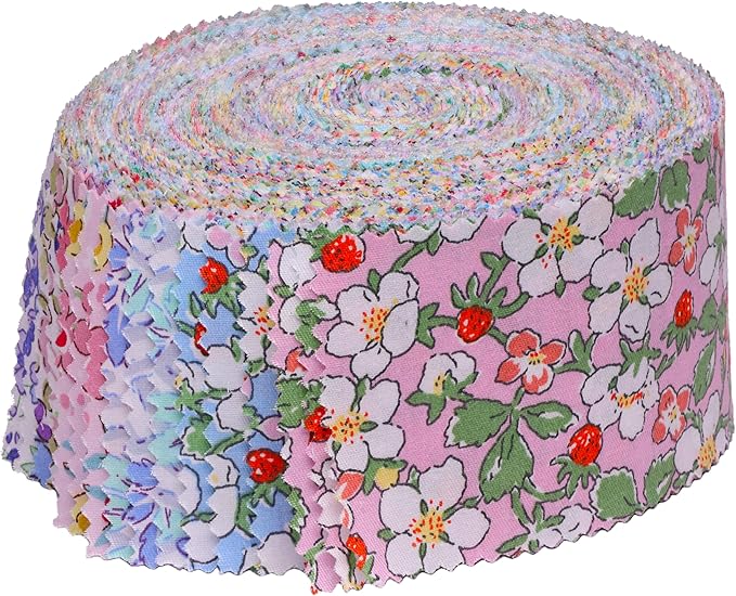 Jelly Roll Fabric Strips for Quilting, Crafting, and Sewing, 42 Strip Bundle, Soft Cotton for Blanket, Rug, Upholstery, Home Decor, and Purse Making, Spring Pastel Floral