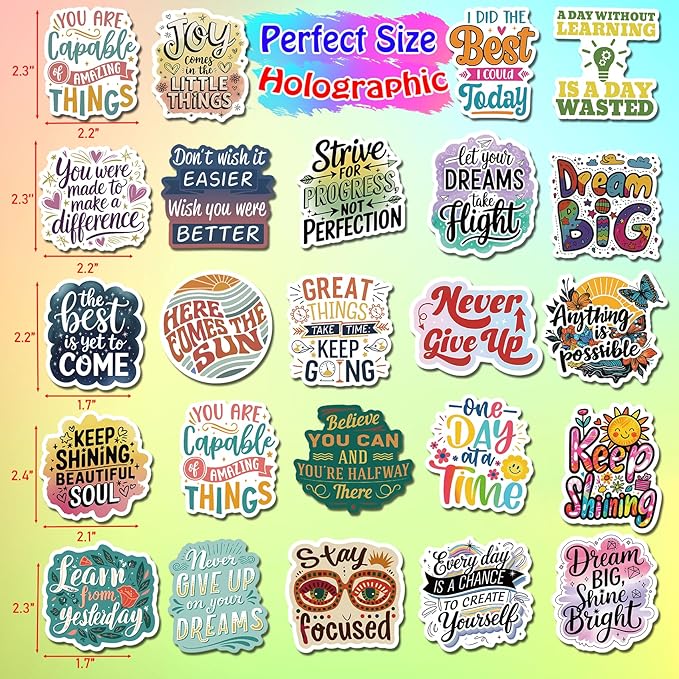 200PCS Holographic Quote Stickers, Motivational and Inspirational Vinyl Stickers with Positive Affirmations for Teens Adults Teachers, Waterproof Glitter Stickers for Water Bottles Laptop Scrapbook